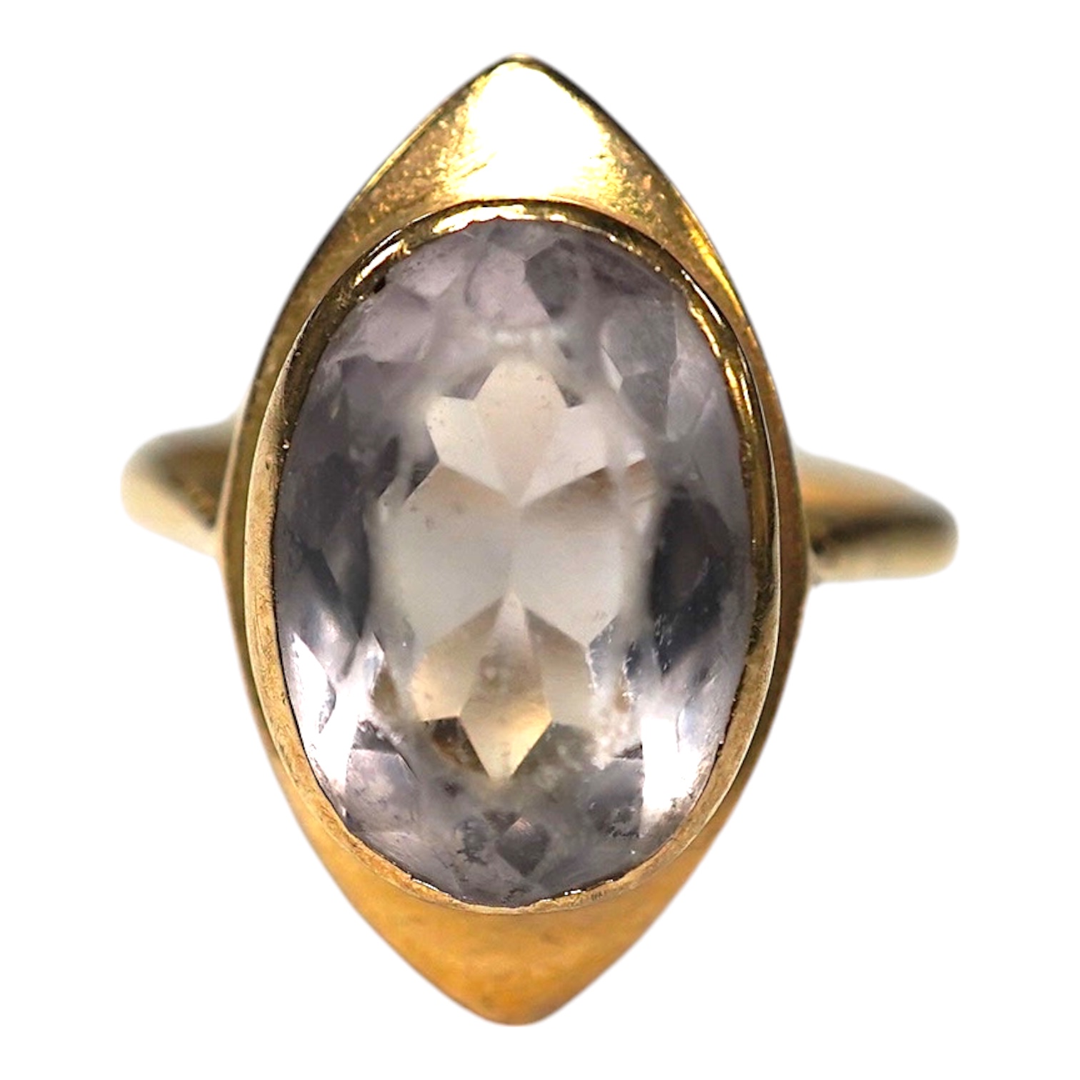 A modern 9ct gold and pale pink gem set ring, size R, gross weight 4.5 grams. Condition - poor